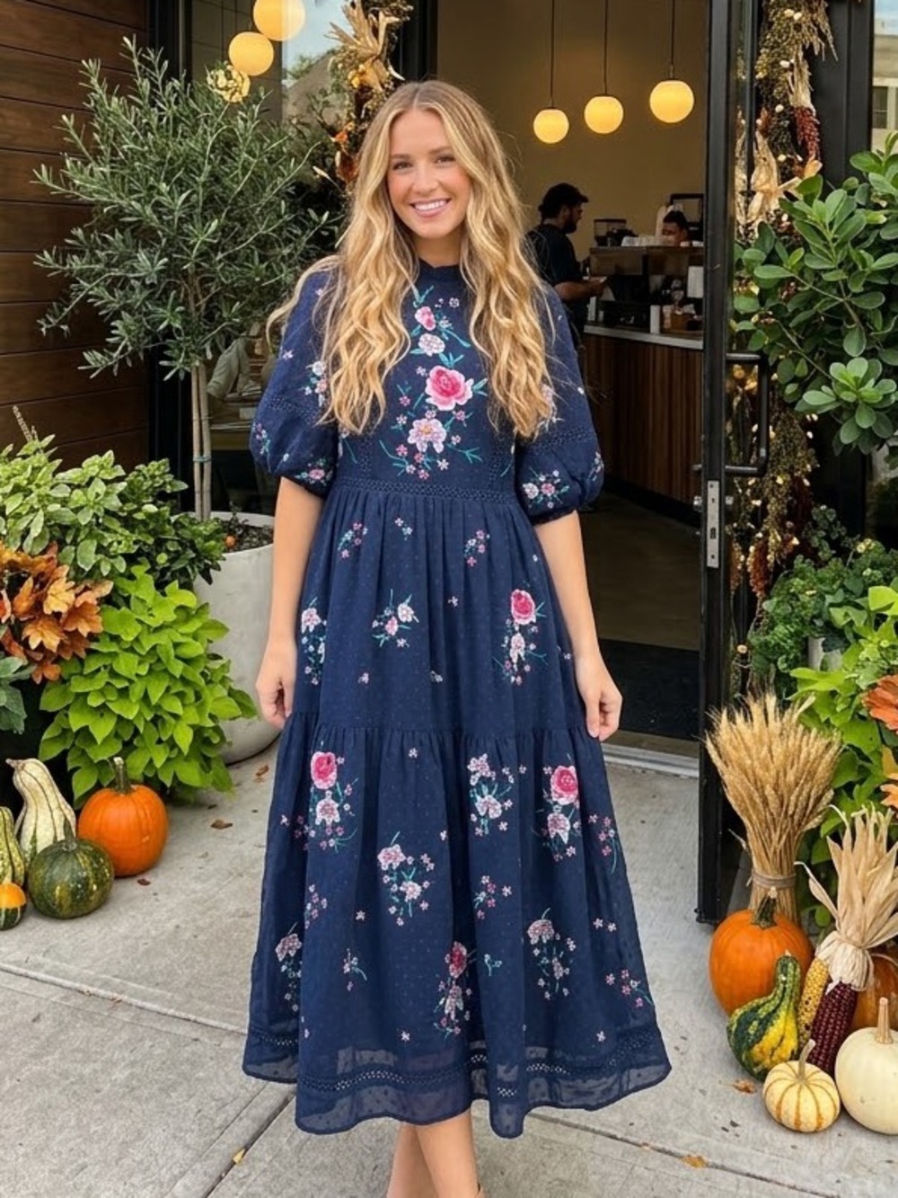 New Size 10 ASOS DESIGN Floral Embroidered Midi Dress Lace Trim Navy
